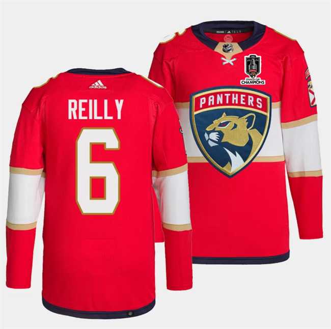 Mens Florida Panthers #6 Mike Reilly Red Home 2024 Stanley Cup Champions Stitched Jersey Dzhi